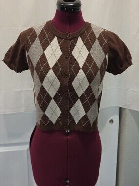 Hesperus Short-Sleeve Brown Argyle Button-Front Cardigan Size M Academia